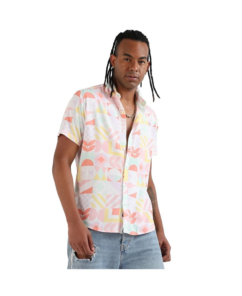 Campus Sutra Men's EcoLiva Peach Pink Geometric Floral Block Shirt