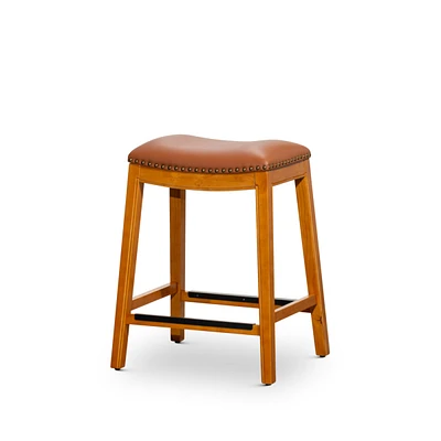 Simplie Fun 24" Counter Stool, Natural Finish, Saddle Leather Seat