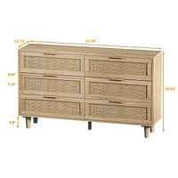 51.18" 6-Drawers Rattan Storage Cabinet Rattan Drawer, For Bedroom, Living Room, Natural