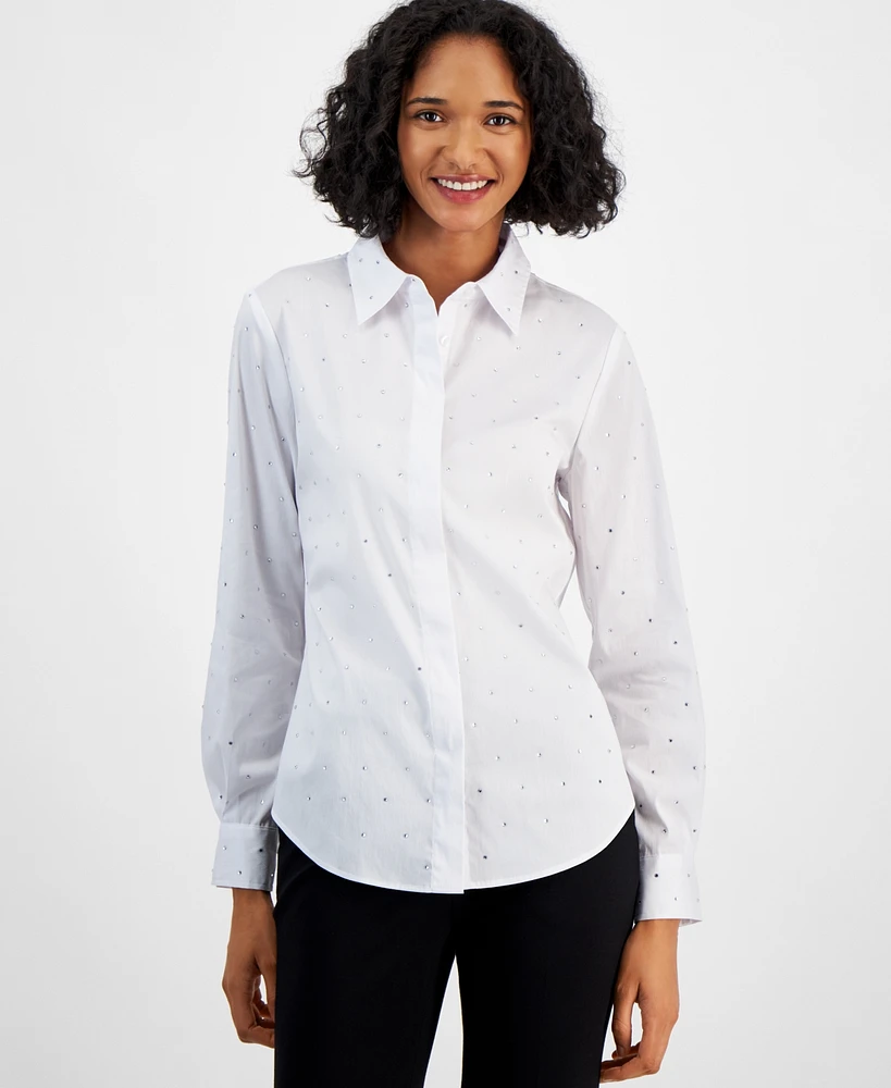 Bar Iii Women's Rhinestone Button-Up Shirt, Created for Macy's