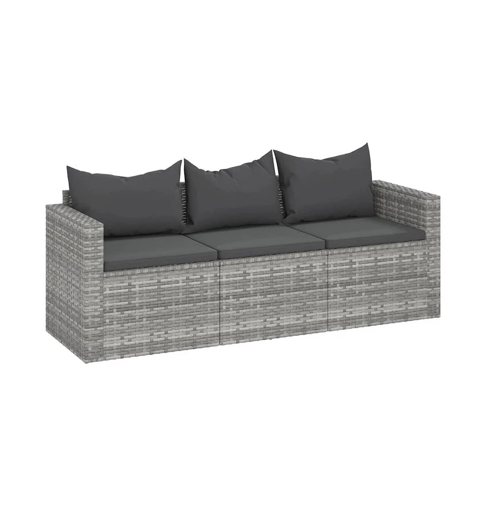 vidaXL 3-Seater Patio Sofa with Cushions Gray Poly Rattan