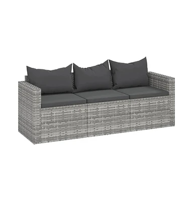 vidaXL 3-Seater Patio Sofa with Cushions Gray Poly Rattan