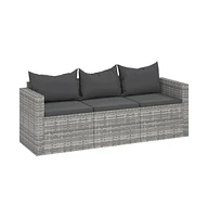 vidaXL 3-Seater Patio Sofa with Cushions Gray Poly Rattan