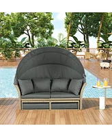 Wicker Rattan Round Daybed with Canopy & Pillows