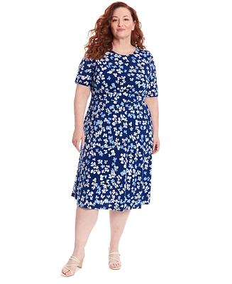 London Times Plus Printed Jersey A-Line Midi Dress