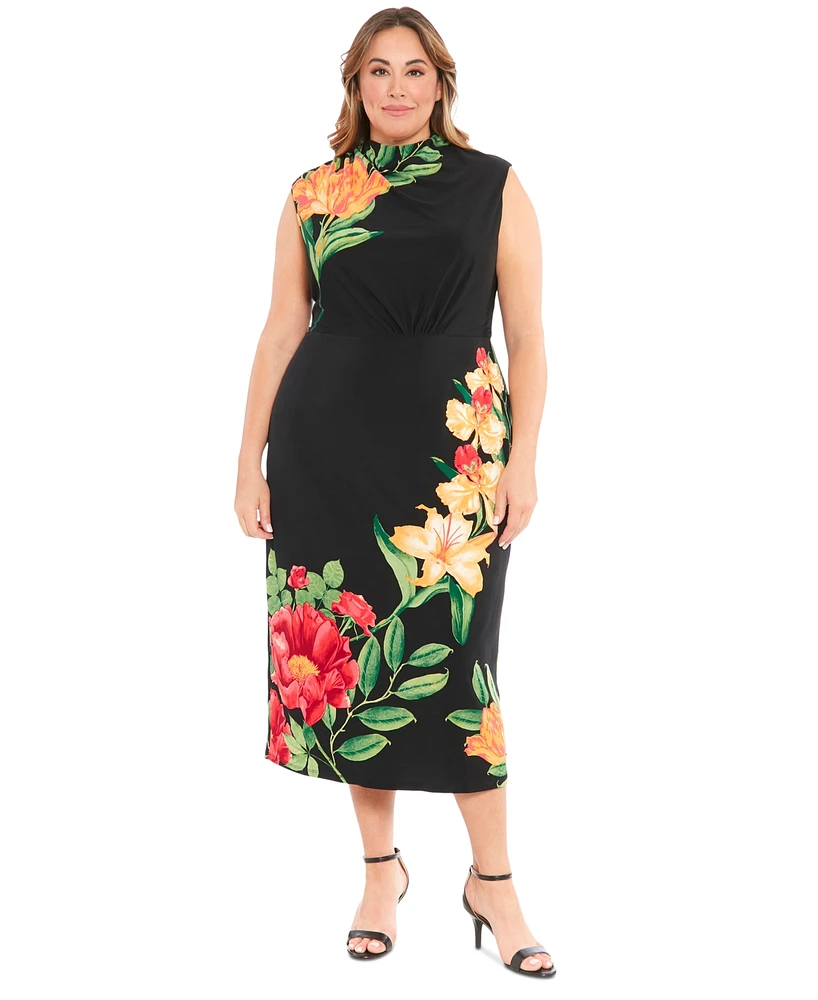 London Times Plus Size Floral Mock-Neck Sheath Dress