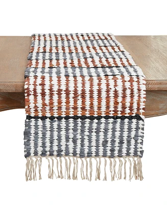 Saro Lifestyle Leather Chindi Stripe Fringed Table Runner, 16"x72"