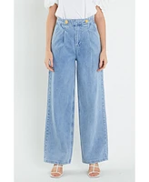 English Factory Women's High-Waisted Button Detail Jeans