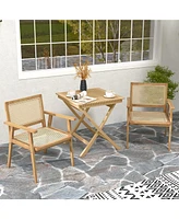 1 Pcs Outdoor Wood Chair Teak Armchair with Rattan Seat & Back Patio for Porch