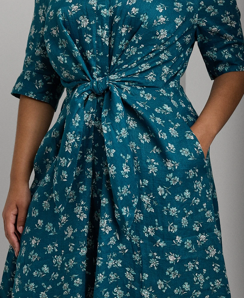 Lauren Ralph Plus Tie-Front Floral Linen Shirtdress