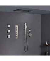 Mondawe Free Combination Handles 3 Functions 5 Sprays Flush Ceiling Mounteded Luxury Led and Music Thermostatic Shower System with 3 Body Jets and Sli