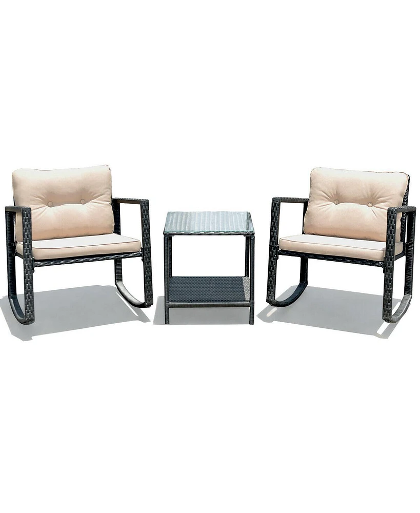 Gymax Set of 3 Rattan Rocking Chair Cushioned Sofa Unit Garden Patio Furniture