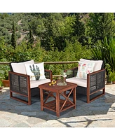 Gymax 3PCS Rattan Wicker Patio Conversation Set Outdoor Furniture Set w/ Cushion