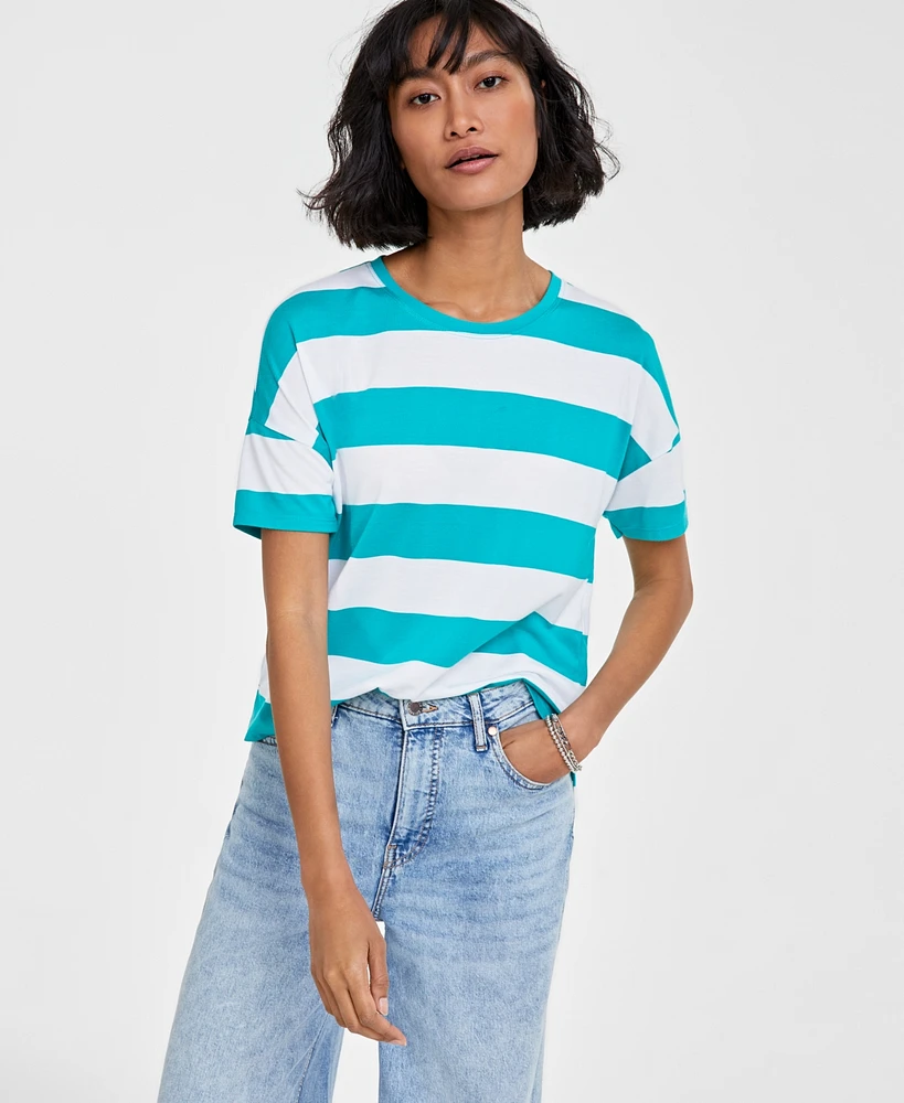 On 34th Women's Rugby Stripe Drop-Shoulder T-Shirt, Created for Macy's