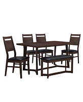 Simplie Fun Farmhouse 6-Piece Wood Dining Table Set With 4 Upholstered Chairs And Bench