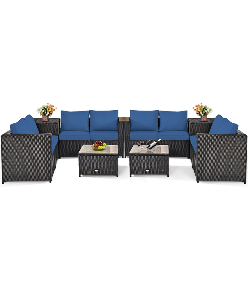 Gymax 8PCS Cushioned Rattan Patio Conversation Set w/ Side Table Navy Cushion