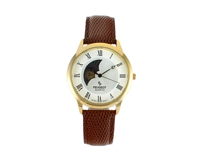 Peugeot Men's 38mm Brown Sun-Moon Brown Leather Strap Watch