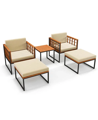 Costway 5 Pcs Acacia Wood Patio Furniture Set with Ottomans Soft Cushions & Coffee Table
