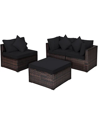 Gymax 4PCS Rattan Patio Conversation Furniture Set Yard Outdoor w/ Cushion