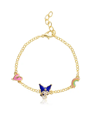 Hello Kitty Sanrio and Friends Womens 18kt Gold Flash Plated Kuromi Station Bracelet with Heart and Rainbow, 6.5 + 1", Officially Licensed