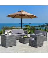 Gymax Set of 8 Gray Rattan Wicker Sofa & Table Outdoor Cushioned Sectional Patio Furniture