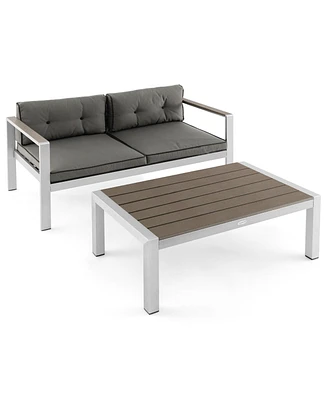Gymax 2 Pieces Outdoor Aluminum Loveseat & Coffee Table Set w/ Cushions Patio Furniture Set