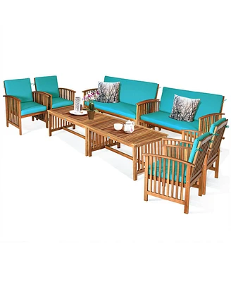 Gymax 8PCS Wooden Patio Conversation Set Outdoor Furniture Set w/ Cushions Turquoise