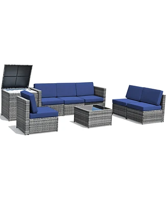Gymax 8PCS Patio Rattan Sofa Sectional Conversation Furniture Set w/ Navy Cushion