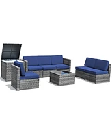 Gymax 8PCS Patio Rattan Sofa Sectional Conversation Furniture Set w/ Navy Cushion