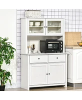 Homcom 63.5" Kitchen Buffet with Hutch, Pantry Storage Cabinet with 4 Shelves, Drawers, Framed Glass Doors, Open Microwave Countertop, Antique White