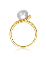 Genevive Chic Sterling Silver 14K Gold Plated with Genuine Freshwater Pearl Linear Ring