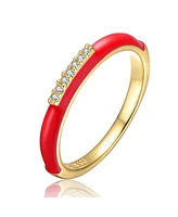 GiGiGirl Young Adults/Teens 14k Yellow Gold Plated with Cubic Zirconia Red Enamel Slim Stacking Band Ring