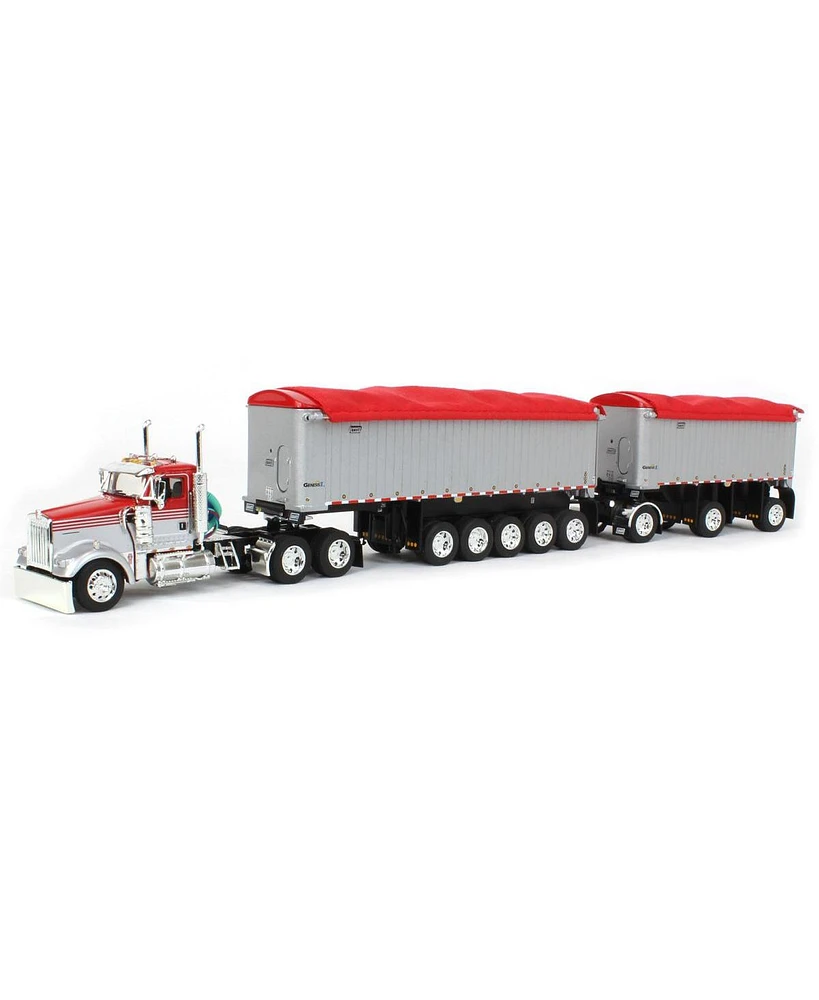 First Gear 1/64 Viper Red/Silver Kenworth W900L with two End Dump Trailers, Dcp