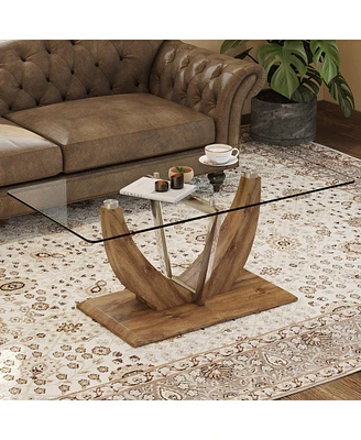 Streamdale Furniture Minimalist glass coffee table with wood/Mdf legs & steel columns: Ct-907