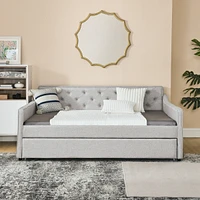 Simplie Fun Full Size Daybed With Twin Size Trundle Upholstered Tufted Sofa Bed, Waved Shape Arms, Beige