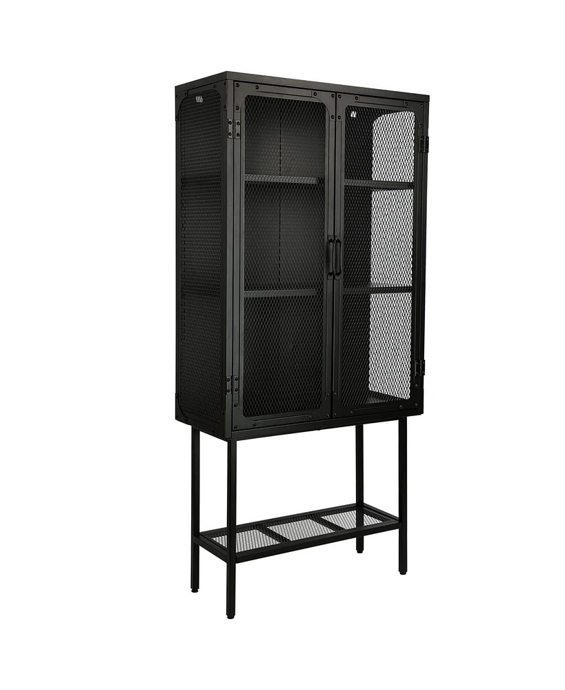 Simplie Fun Black Industrial Cabinet with Metal Mesh Doors & Adjustable Shelves