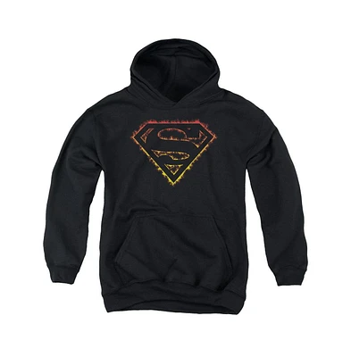 Superman Boys Youth Flame Outlined Logo Pull Over Hoodie / Hooded Sweatshirt