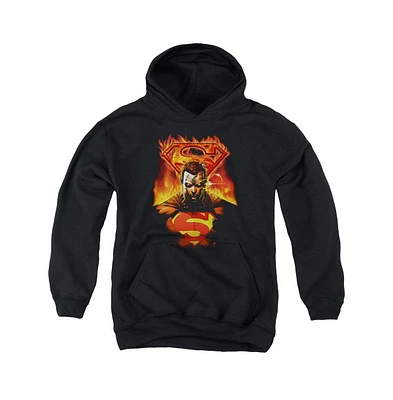 Superman Boys Youth Man On Fire Pull Over Hoodie / Hooded Sweatshirt