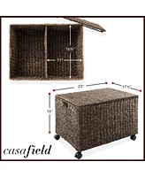 Casafield Rolling Storage Basket Cart with Lid and Wheels, Natural - Woven Water Hyacinth Divided Sorting Bin for Kitchen, Pantry, Laundry, Garage