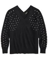 Charter Club Plus Cashmere Bead-Embellished V-Neck Sweater, Created for Macy's