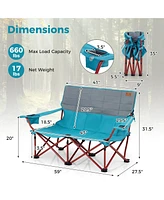 Gymax Oversized Camping Chair Folding Loveseat Camping Couch w/ Cup Holders & Padding