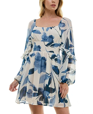 Crystal Doll Juniors' Long-Sleeve Printed-Chiffon A-Line Dress