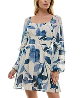 Crystal Doll Juniors' Long-Sleeve Printed-Chiffon A-Line Dress