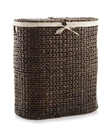 Casafield Oval Laundry Hamper with Lids and Removable Liner Bags - Natural, Woven Water Hyacinth 2-Section Basket for Clothes Towels