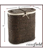 Casafield Oval Laundry Hamper with Lids and Removable Liner Bags - Natural, Woven Water Hyacinth 2-Section Basket for Clothes Towels