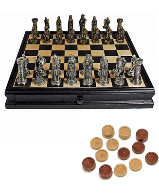 We Games Medieval Chess & Checkers Game Set - Pewter Chessmen & Black Stained Wood Board with Storage Drawers 15 in.