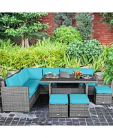 Gymax 7PCS Rattan Patio Sectional Sofa Set Conversation Set w/ Turquoise Cushions