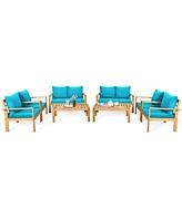 Gymax 8PCS Patio Acacia Wood Conversation Furniture Set w/ Turquoise Cushions