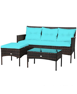 Gymax 3PCS Patio Rattan Sectional Conversation Furniture Set w/ Turqouise Cushions