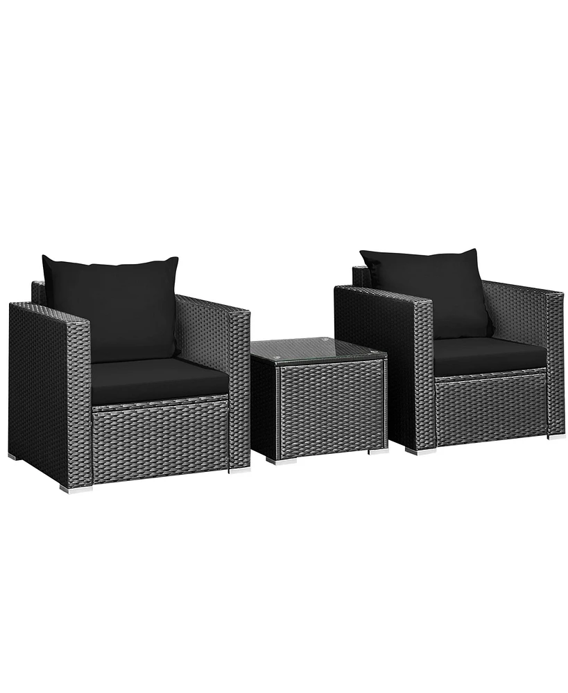 Gymax 3PCS Rattan Patio Conversation Furniture Set Outdoor w/ Cushions